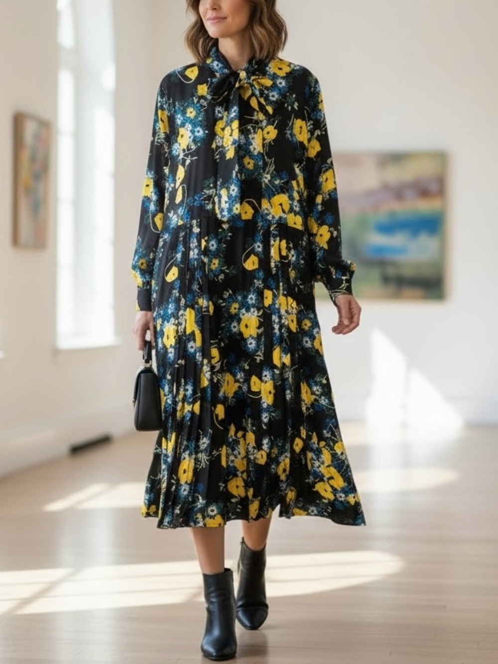 PLAN‎ C Floral Pleated Tie Neck Long Sleeve Midi Maxi Dress Sz IT 44 US 8